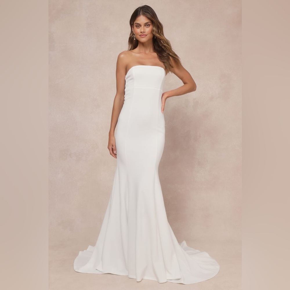 Lulus-Perfectly Romantic White Strapless Bow Mermaid Maxi Dress (XS)